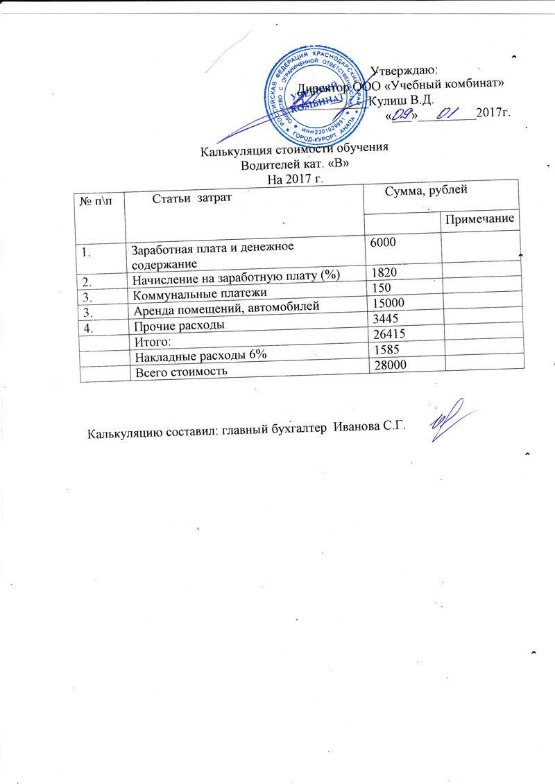 Расчет стоимости услуги образец